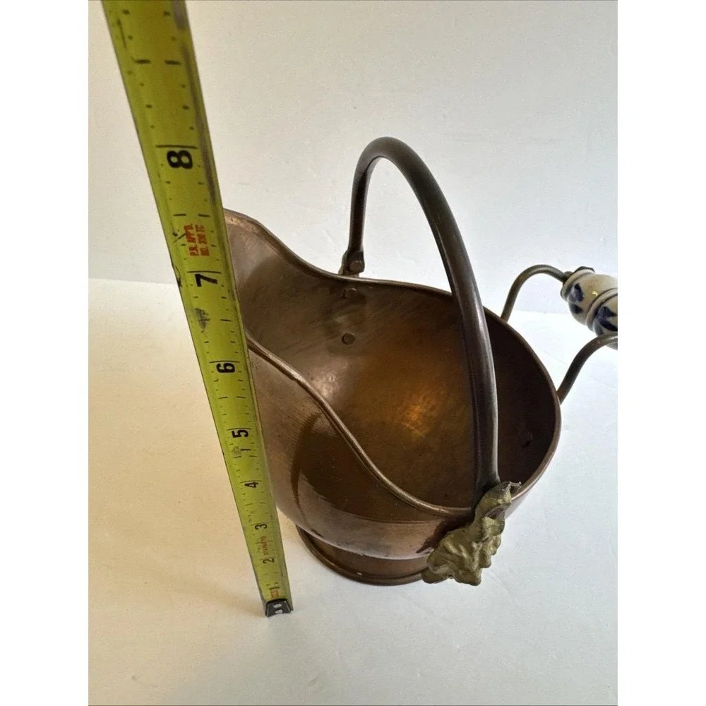 Copper Brass Coal Scuttle/Ash Bucket w/Porcelain Cherub Face 8